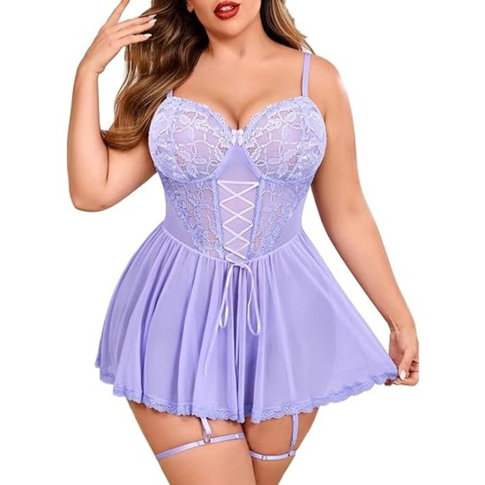 Avidlove Plus Size 14W Lingerie Set Babydoll Lace Chemise Garter Belts & Thong